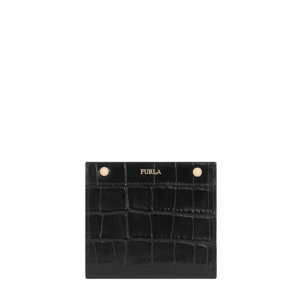 FURLA Lady M Black Croc-Embossed Compact Wallet